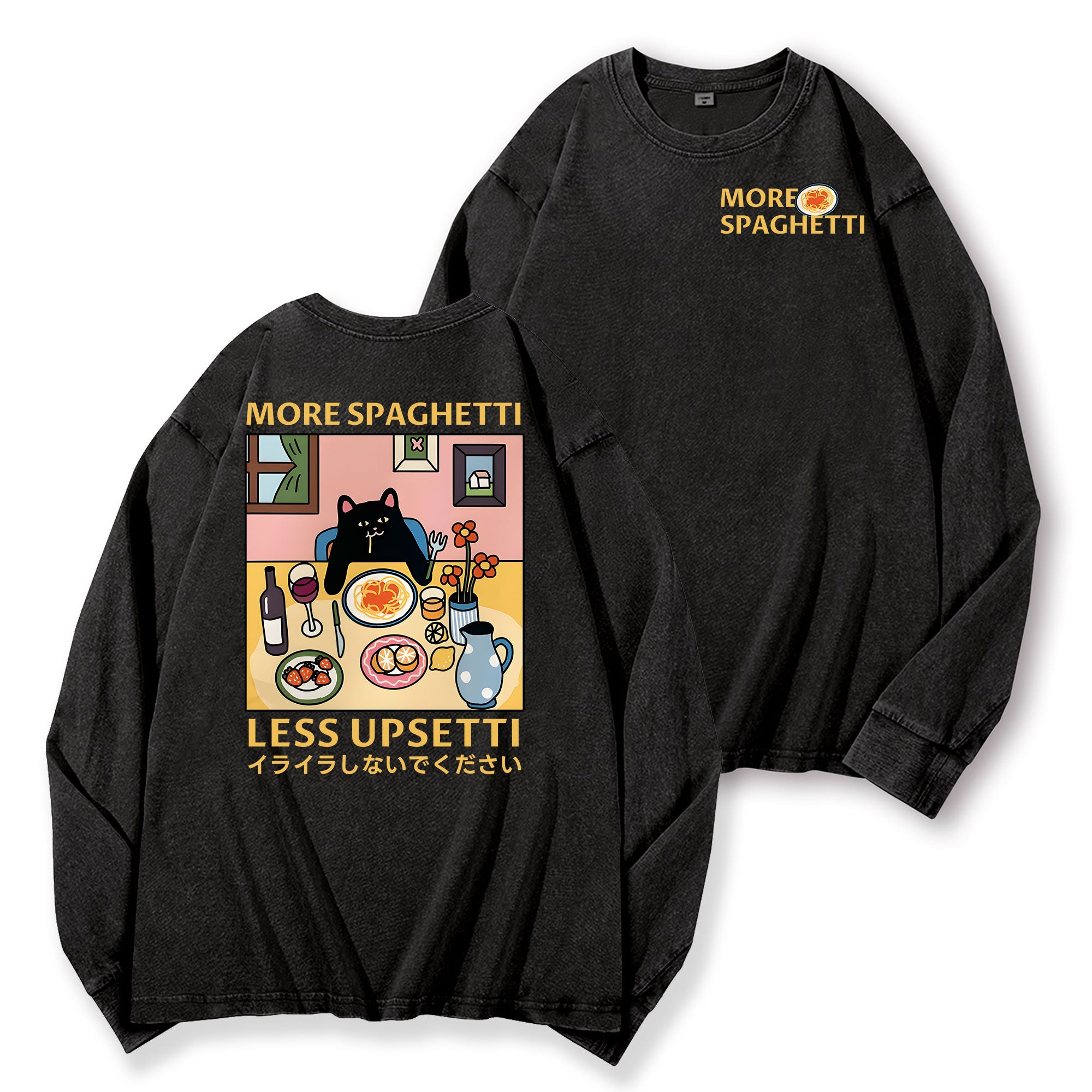 Spaghetti Cat Vintage Washed Cotton Back Art Long-sleeve T-shirt
