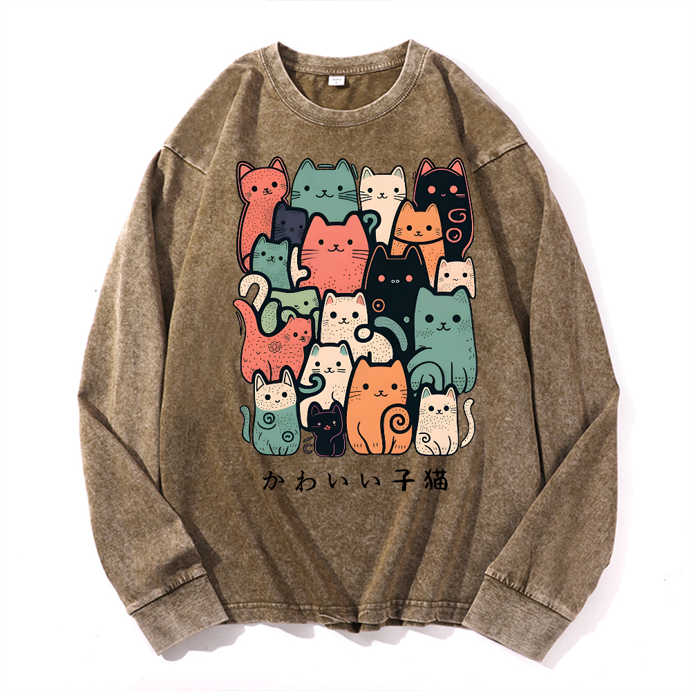 Cat Vintage Cotton Wash Crewneck Long-Sleeve T-Shirt