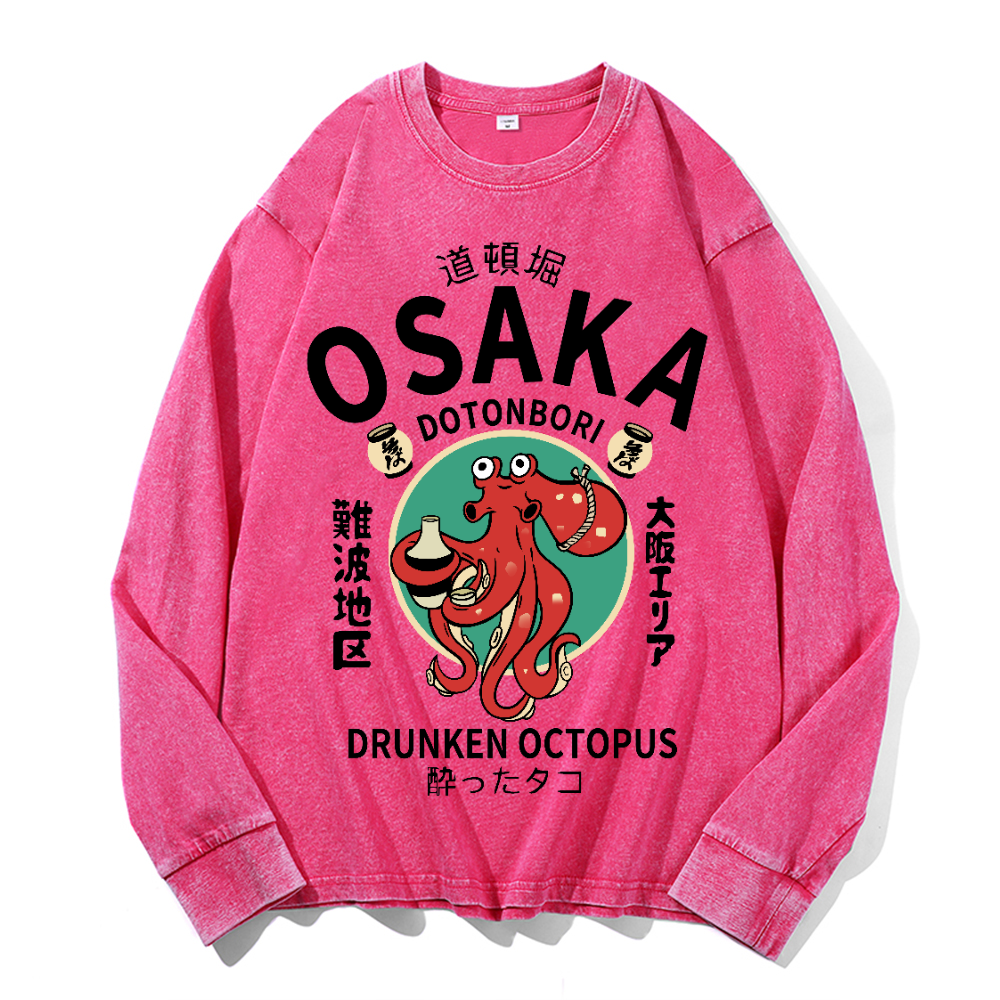 Osaka Drunken Octopus Vintage Cotton Wash Crewneck Long-Sleeve T-Shirt