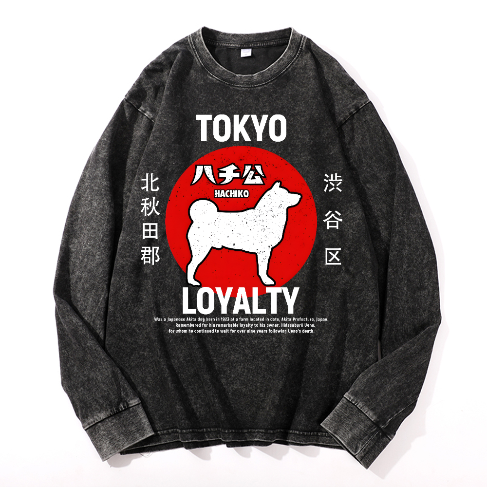 Tokyo Hachiko Vintage Cotton Wash Crewneck Long-Sleeve T-Shirt