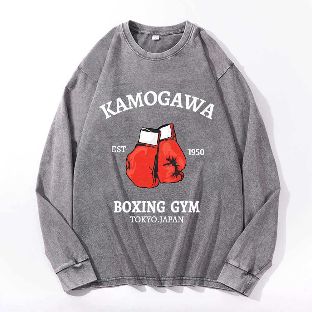 Kamogawa Box GYM Tokyo Japan Vintage Cotton Wash Crewneck Long-Sleeve T-Shirt