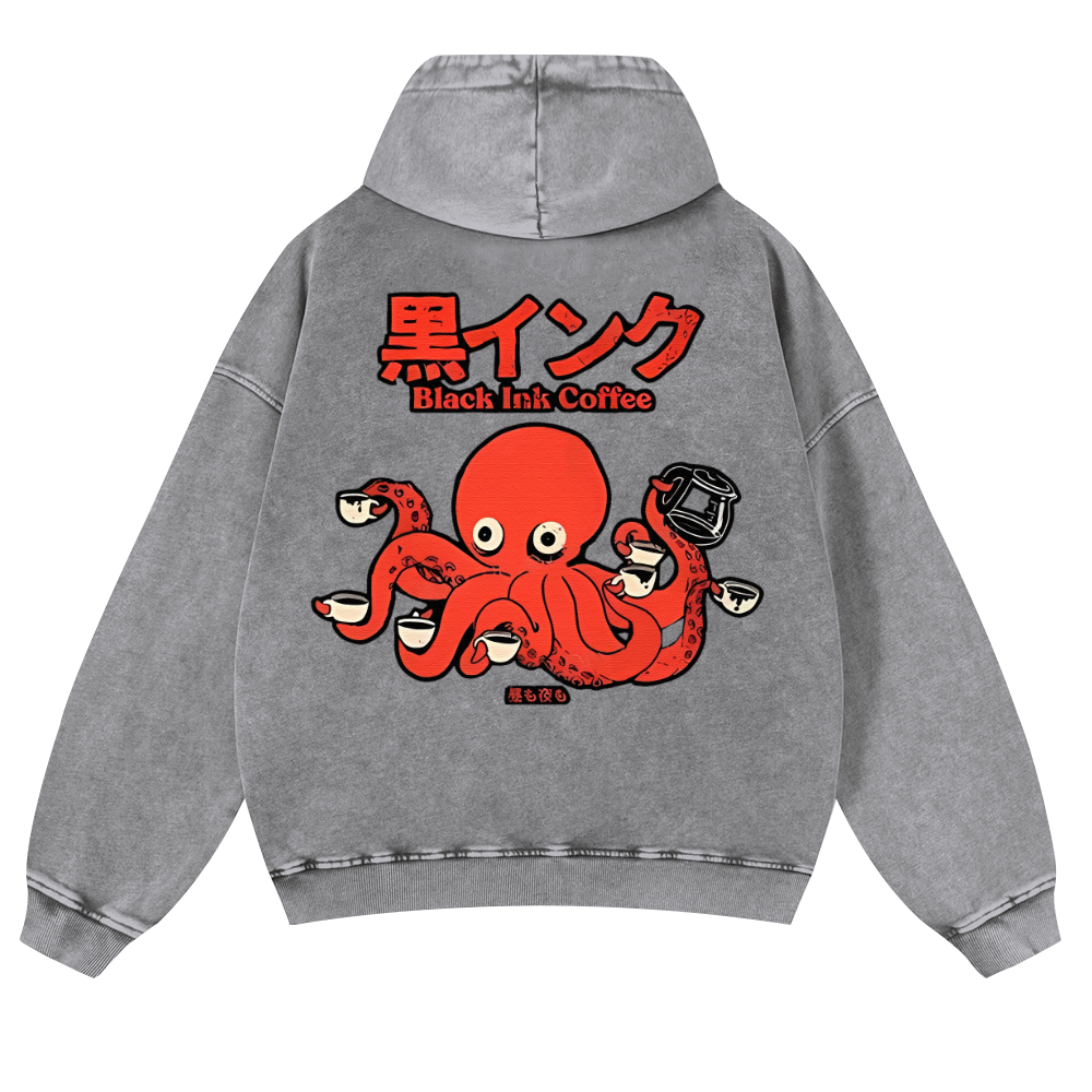 Black Ink Coffee Octopus Vintage Washed Cotton Back Art Hoodie