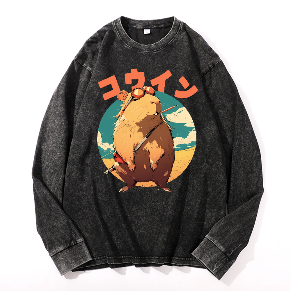 Capybara Vintage Cotton Wash Crewneck Long-Sleeve T-Shirt