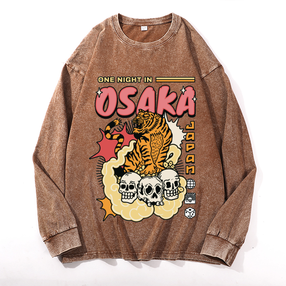 One Night in Osaka Tiger Vintage Cotton Wash Crewneck Long-Sleeve T-Shirt