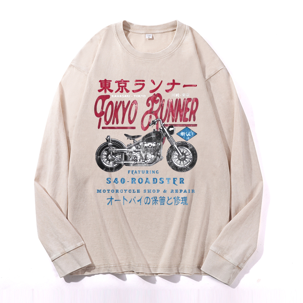 Tokyo Kawasaki S40 Repair Vintage Cotton Wash Crewneck Long-Sleeve T-Shirt