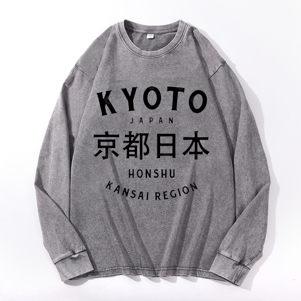 Kyoto Japan Honshu Kansai Region Vintage Cotton Wash Crewneck Long-Sleeve T-Shirt