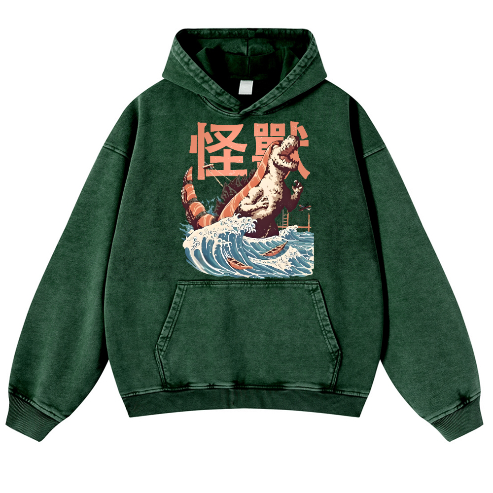 Kaiju Sushi Monster Wave Vintage Washed Thick Cotton Hoodie