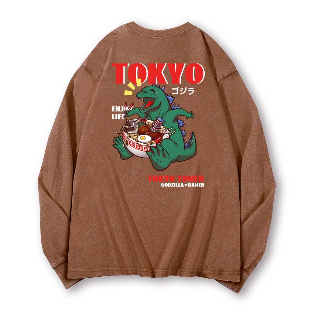 Ramen Kaiju Vintage Washed Cotton Back Art Long-sleeve T-shirt