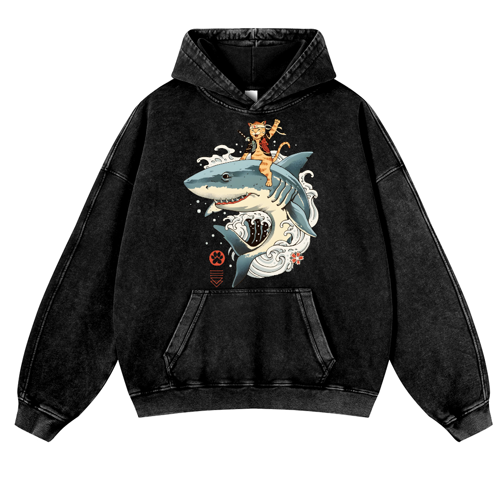 Cat Shark Vintage Washed Thick Cotton Hoodie