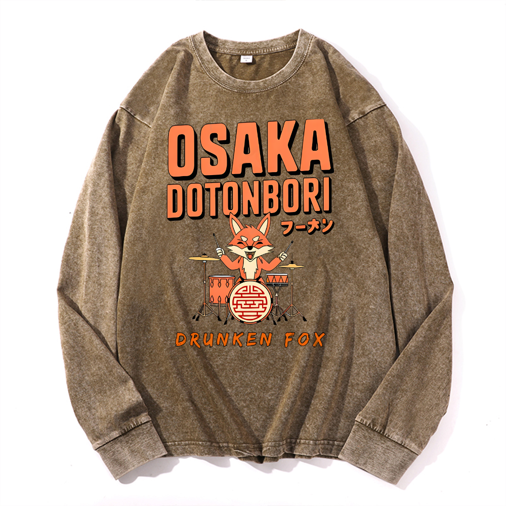 Osaka Dotonbori Drunken Fox Vintage Cotton Wash Crewneck Long-Sleeve T-Shirt