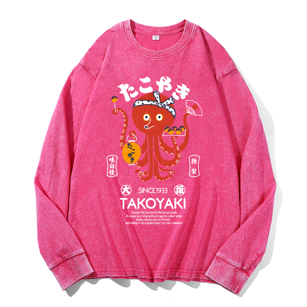 Takoyaki Octopus Vintage Cotton Wash Crewneck Long-Sleeve T-Shirt