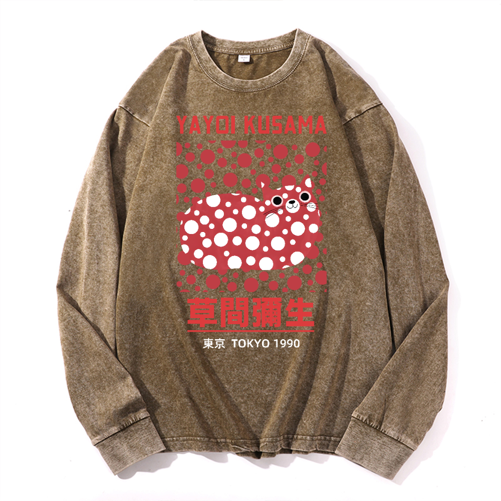 Yayoi Kusama Cat Vintage Cotton Wash Crewneck Long-Sleeve T-Shirt