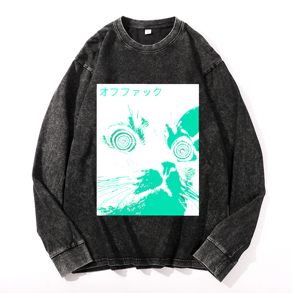 Enigmatic Cat Eyes Vintage Cotton Wash Crewneck Long-Sleeve T-Shirt