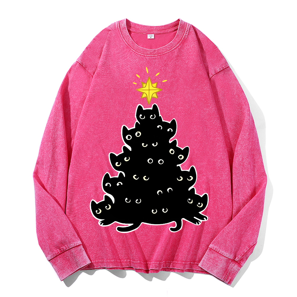 Cat Vintage Cotton Wash Crewneck Long-Sleeve T-Shirt