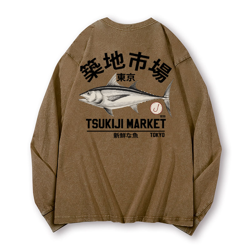 Tsukiji Fish Market Vintage Washed Cotton Back Art Long-sleeve T-shirt