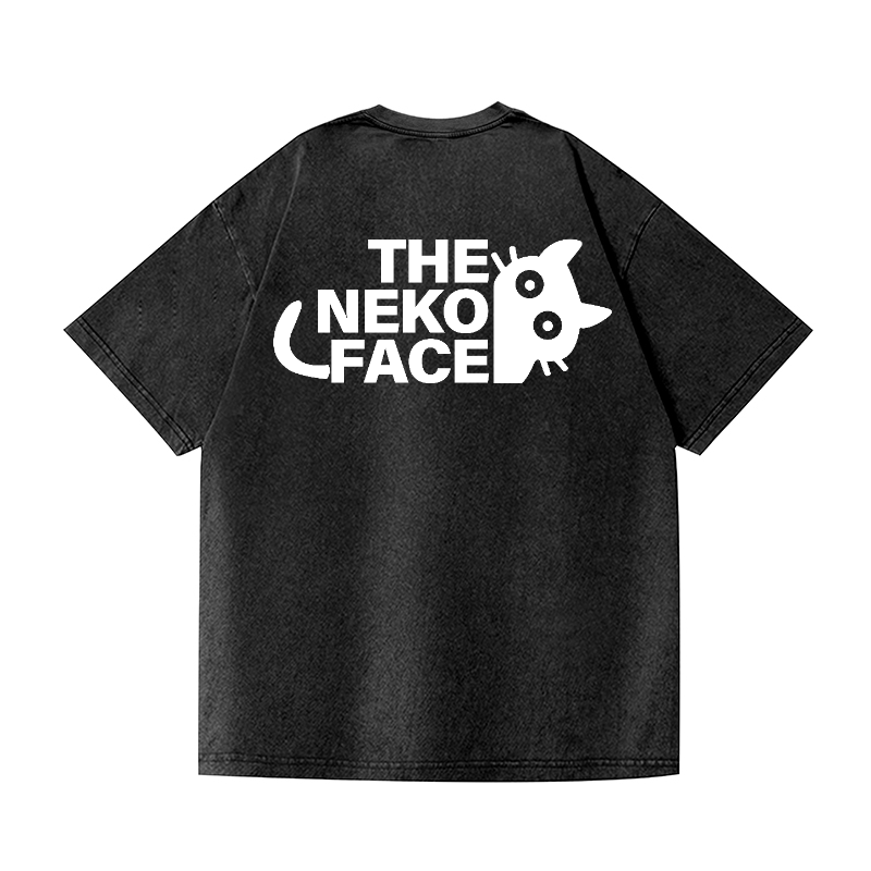 The Neko Face Vintage Wash Japanese Design Back Art T-Shirt