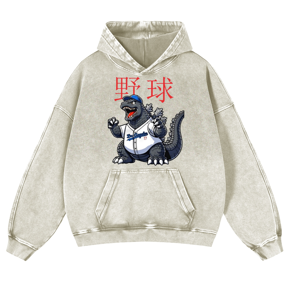 Kaiju Baseball Adventure Vintage Washed Thick Cotton Hoodie