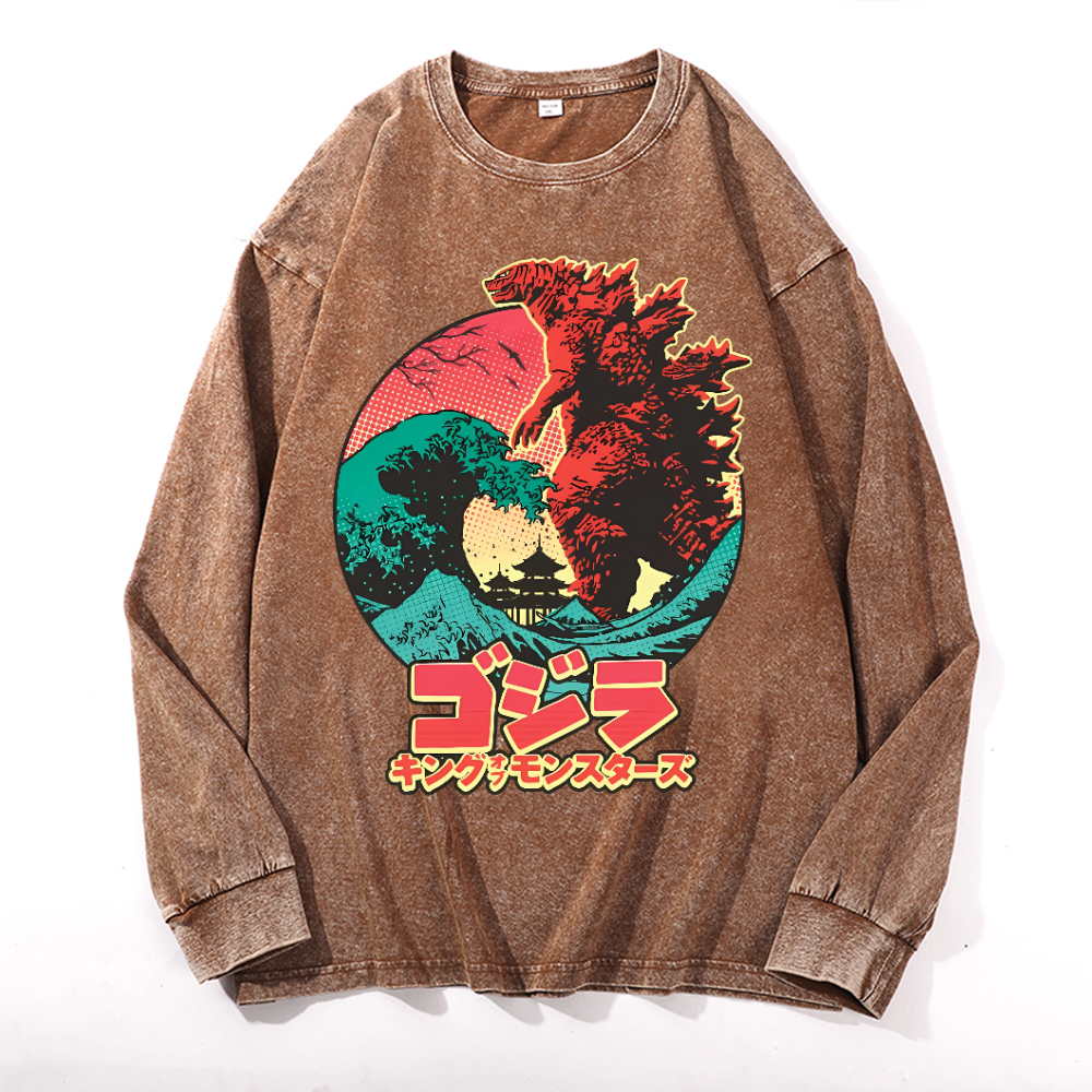 Kaiju Wave Vintage Cotton Wash Crewneck Long-Sleeve T-Shirt