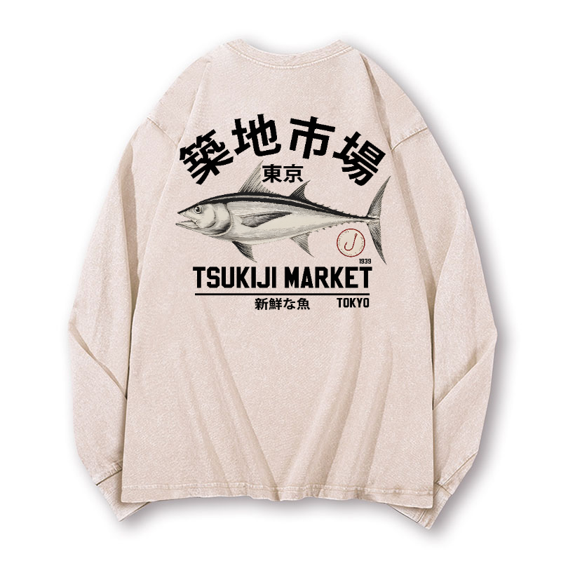 Tsukiji Fish Market Vintage Washed Cotton Back Art Long-sleeve T-shirt