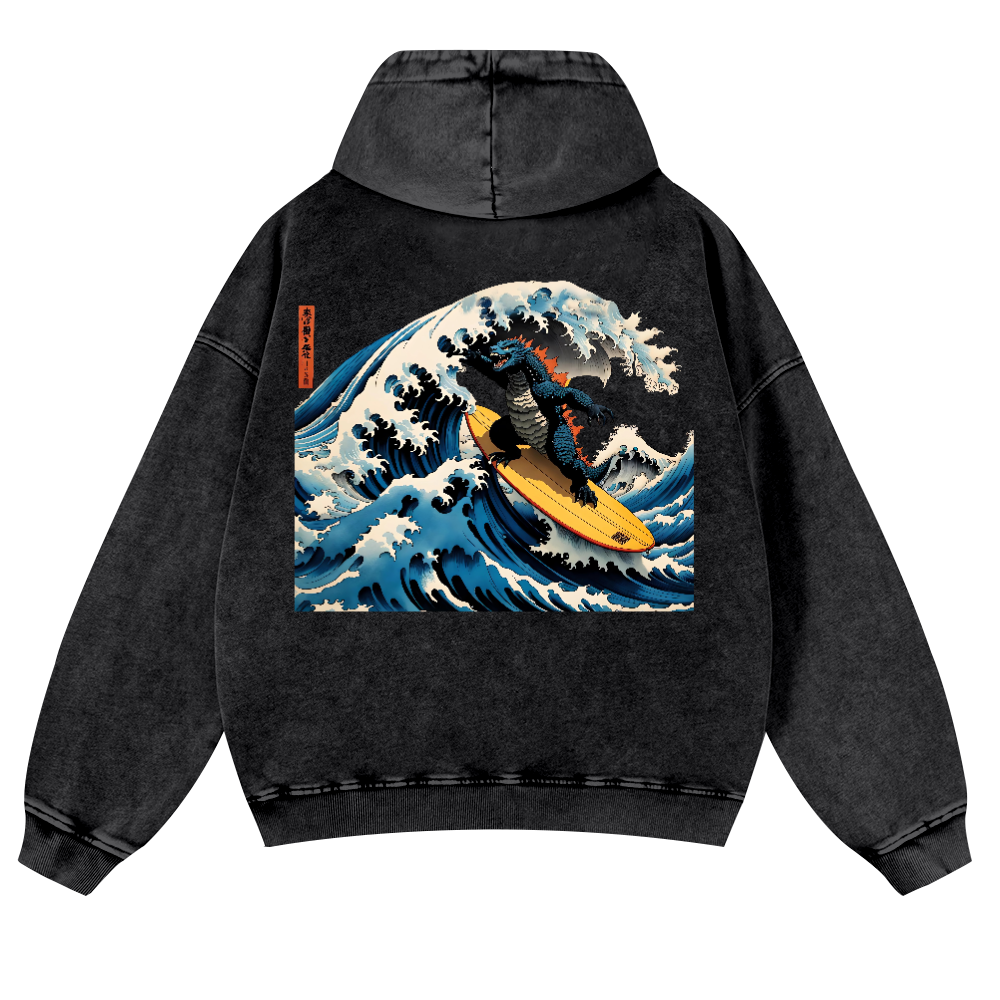 Kaiju Ukiyoe Wave Vintage Washed Cotton Back Art Hoodie