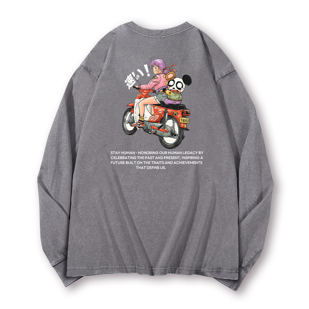 Motorcycle Bike Vintage Washed Cotton Back Art Long-sleeve T-shirt