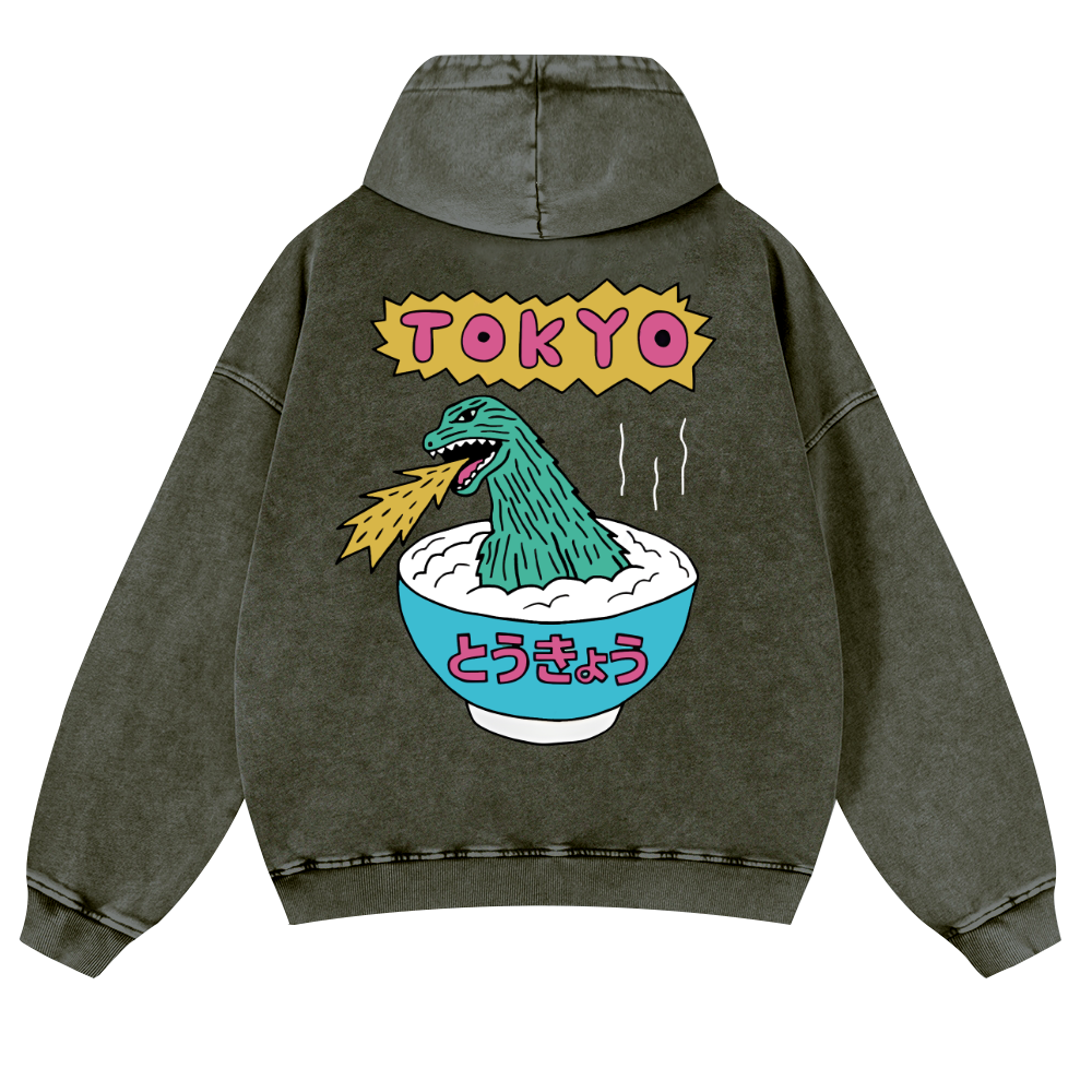 Kaiju The Monster Rice of Tokyo Vintage Washed Cotton Back Art Hoodie