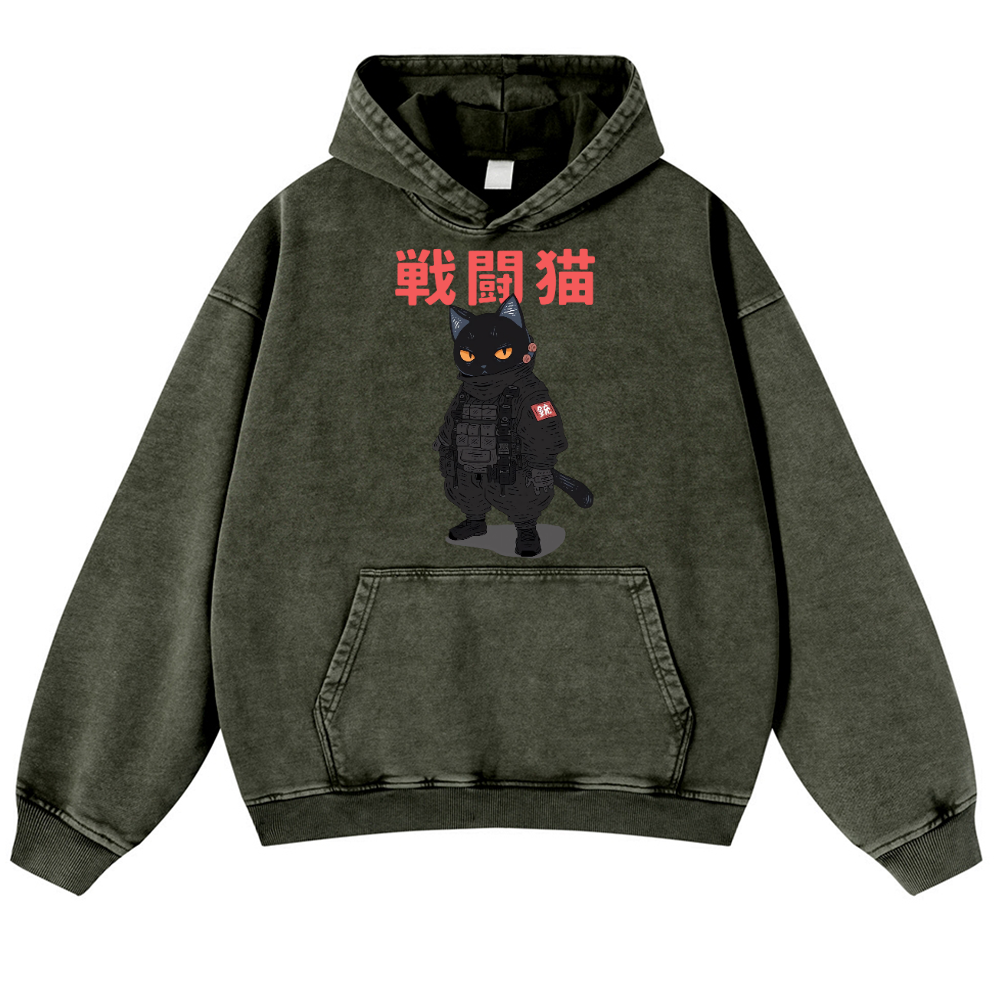 Black Cat Vintage Washed Thick Cotton Hoodie