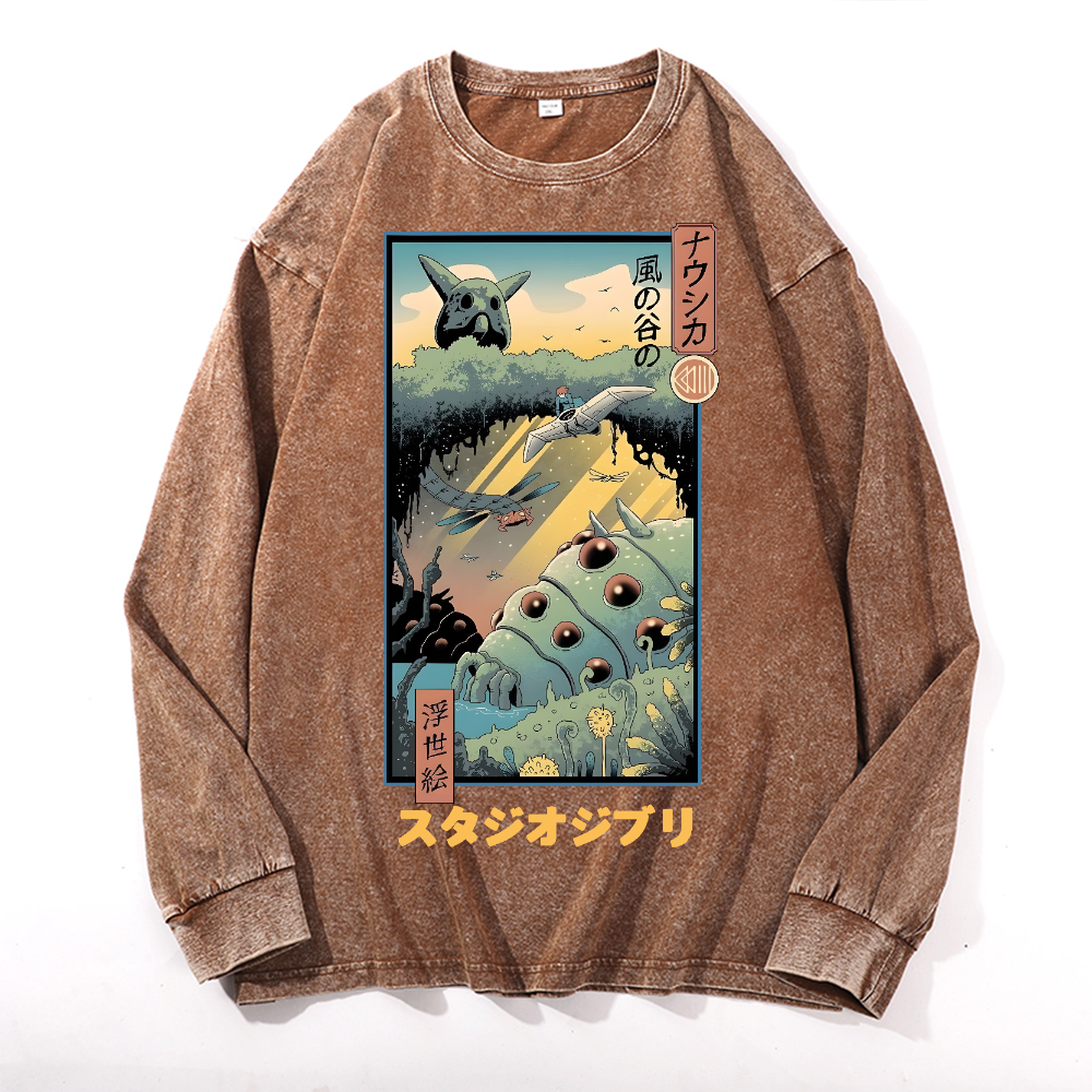 Ghibl iNausicaä of the Valley of the Wind  Anime Vintage Cotton Wash Crewneck Long-Sleeve T-Shirt