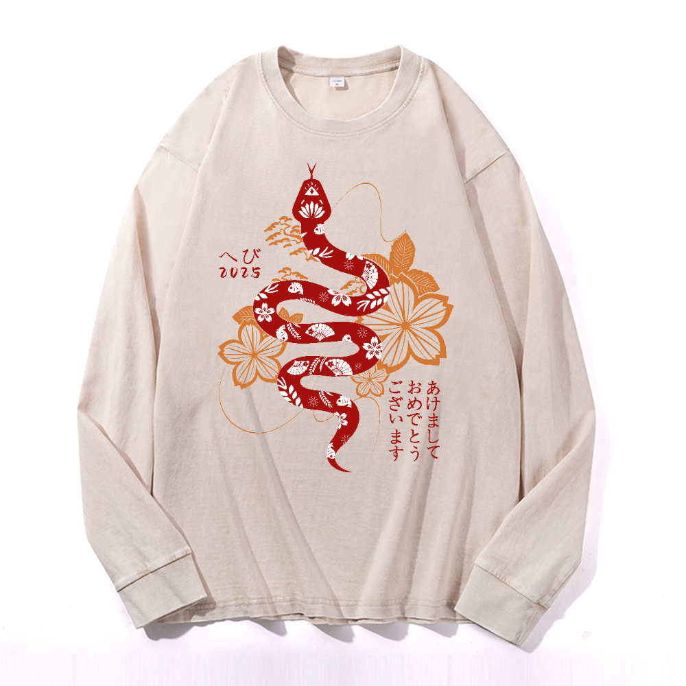 New Year Vintage Cotton Wash Crewneck Long-Sleeve T-Shirt
