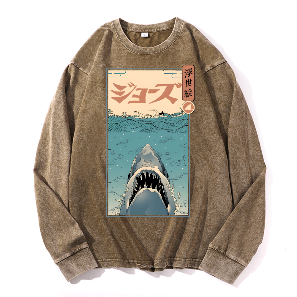 Jaws Vintage Cotton Wash Crewneck Long-Sleeve T-Shirt