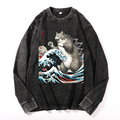 Cat Kaiju Ukiyoe Great Wave Vintage Cotton Wash Crewneck Long-Sleeve T-Shirt