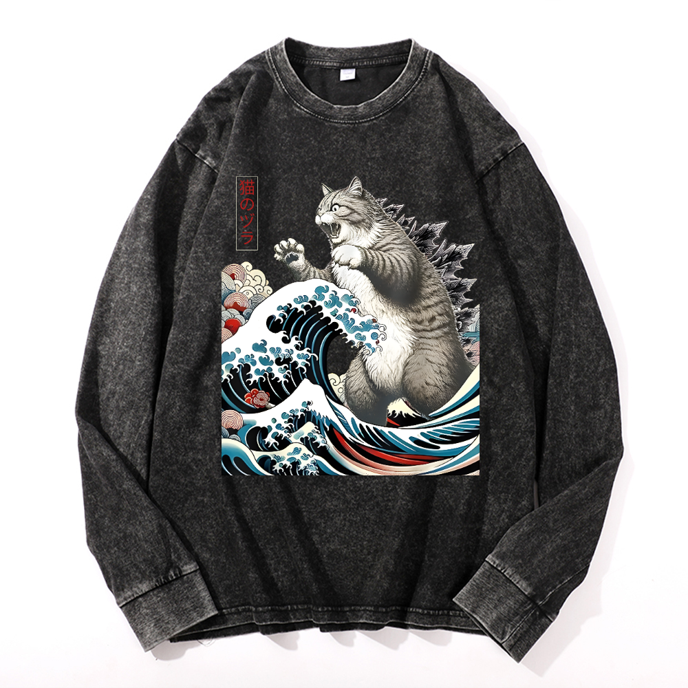 Cat Kaiju Ukiyoe Great Wave Vintage Cotton Wash Crewneck Long-Sleeve T-Shirt