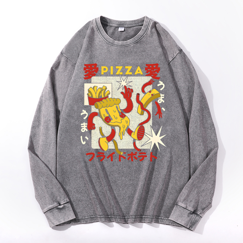 Pizza Vintage Cotton Wash Crewneck Long-Sleeve T-Shirt