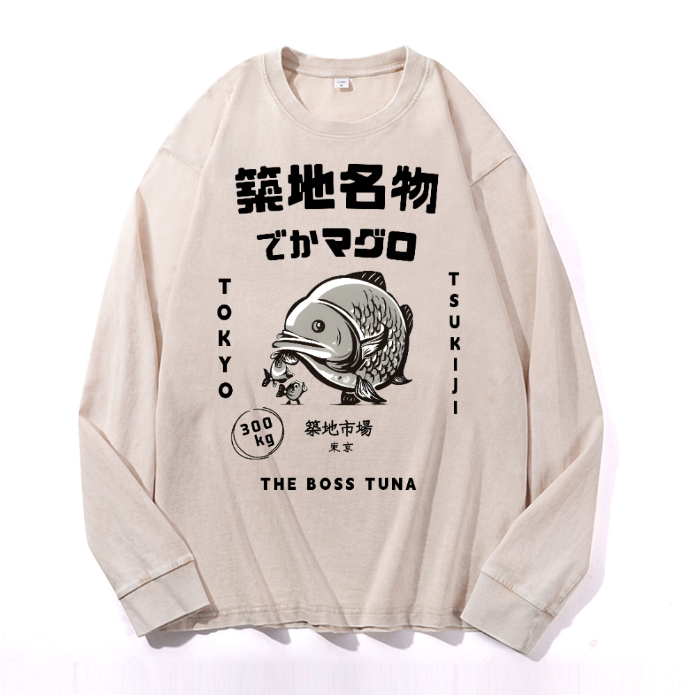 Tsukiji Market Vintage Cotton Wash Crewneck Long-Sleeve T-Shirt