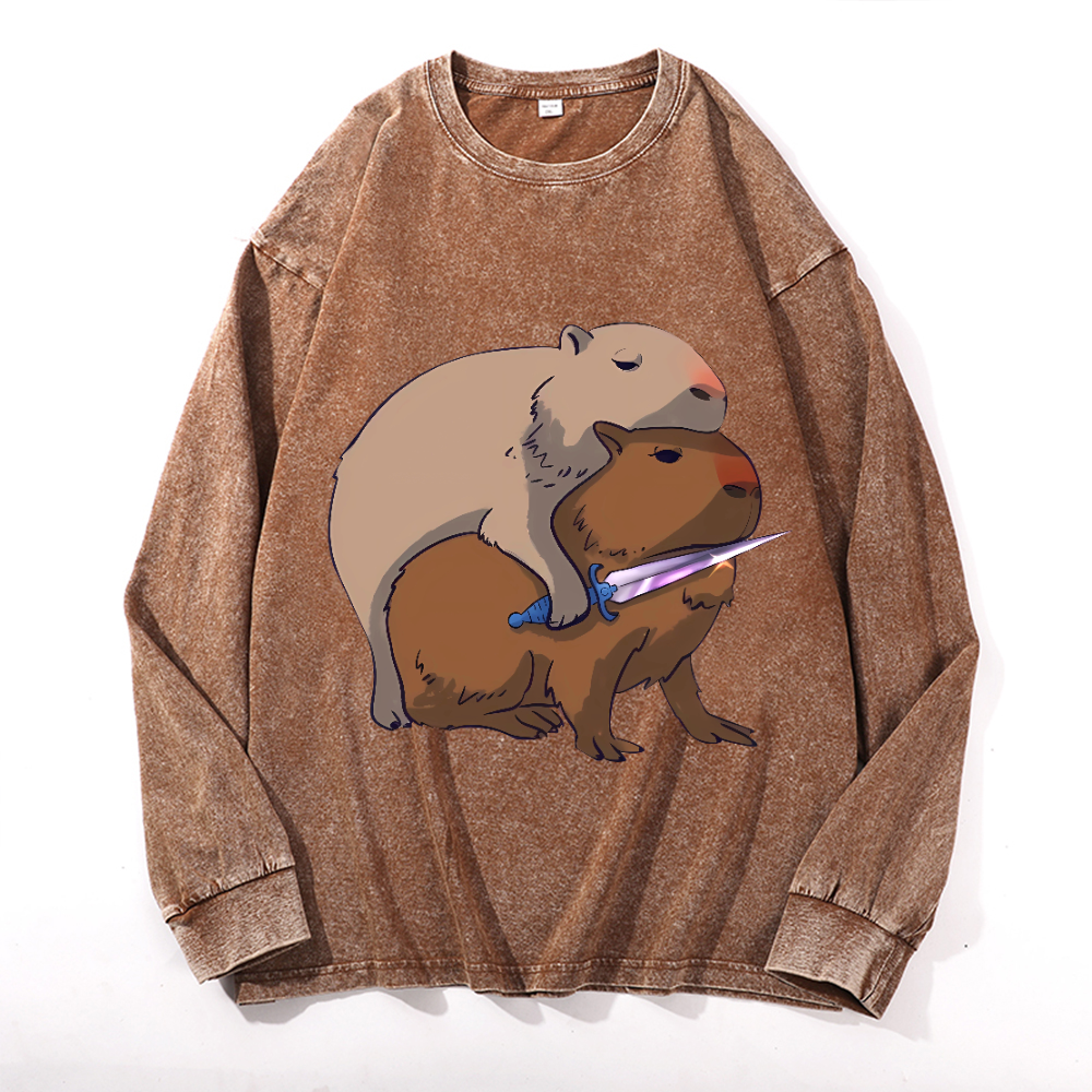 Capybara Vintage Cotton Wash Crewneck Long-Sleeve T-Shirt