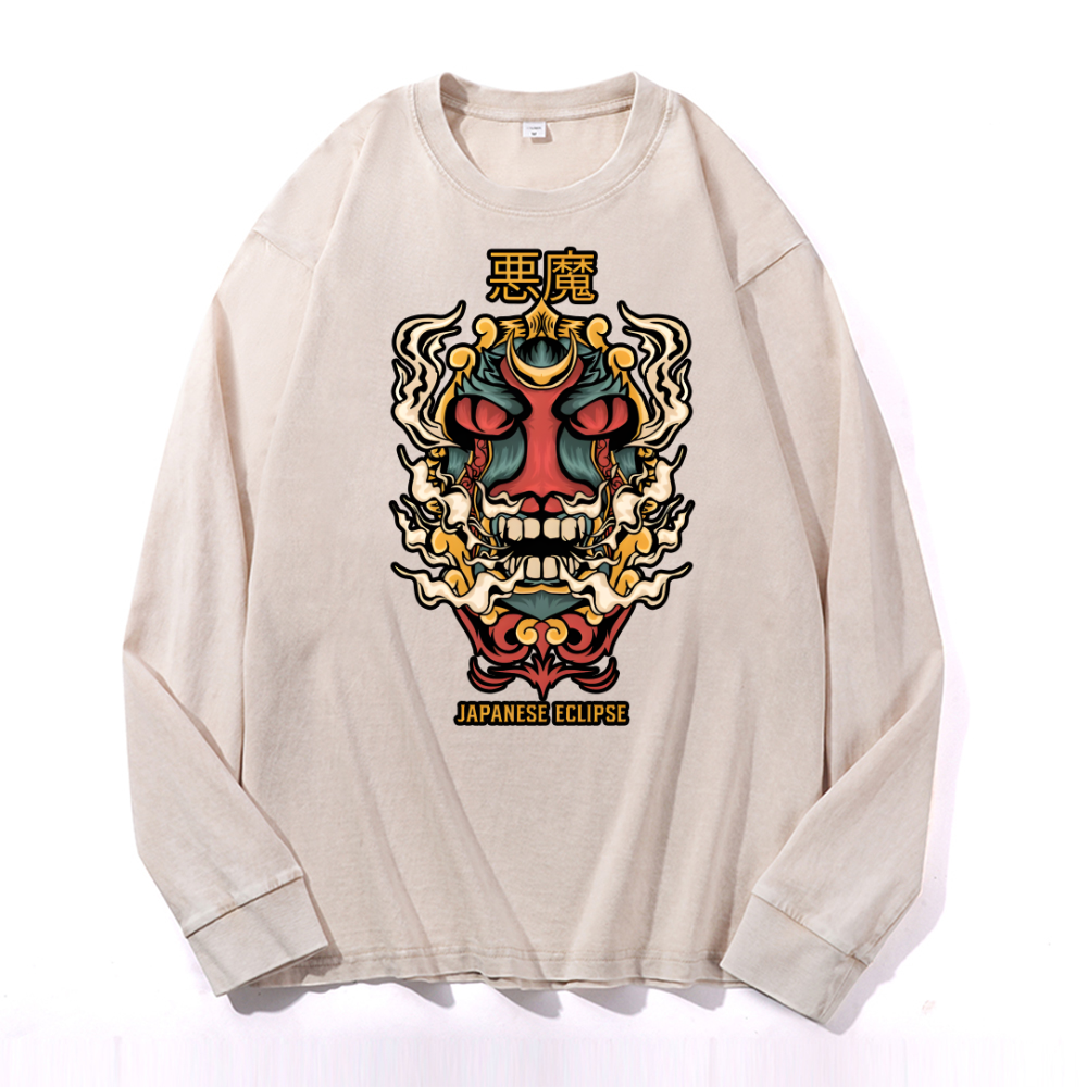 Japanese Eclipse Vintage Cotton Wash Crewneck Long-Sleeve T-Shirt