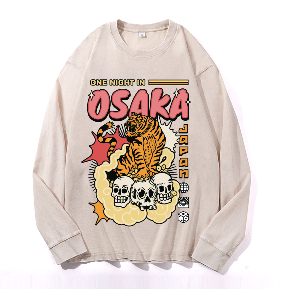 One Night in Osaka Tiger Vintage Cotton Wash Crewneck Long-Sleeve T-Shirt
