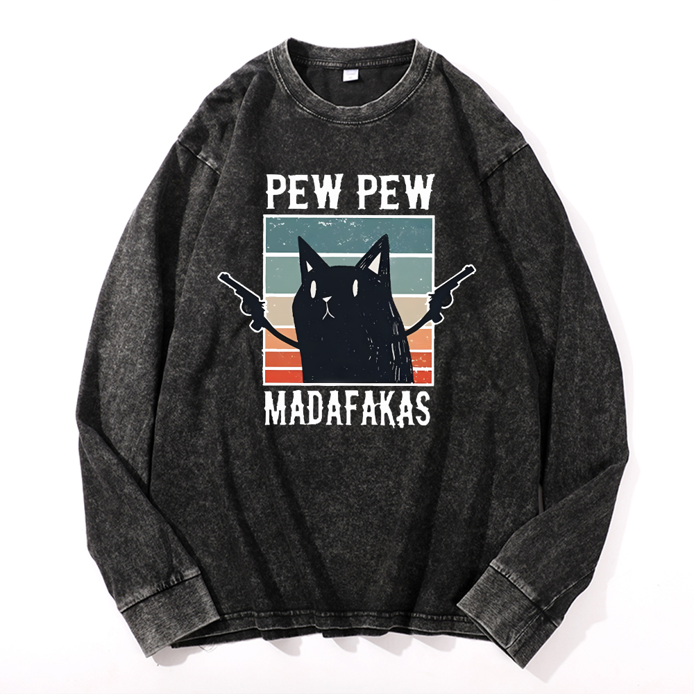 Cat Vintage Cotton Wash Crewneck Long-Sleeve T-Shirt