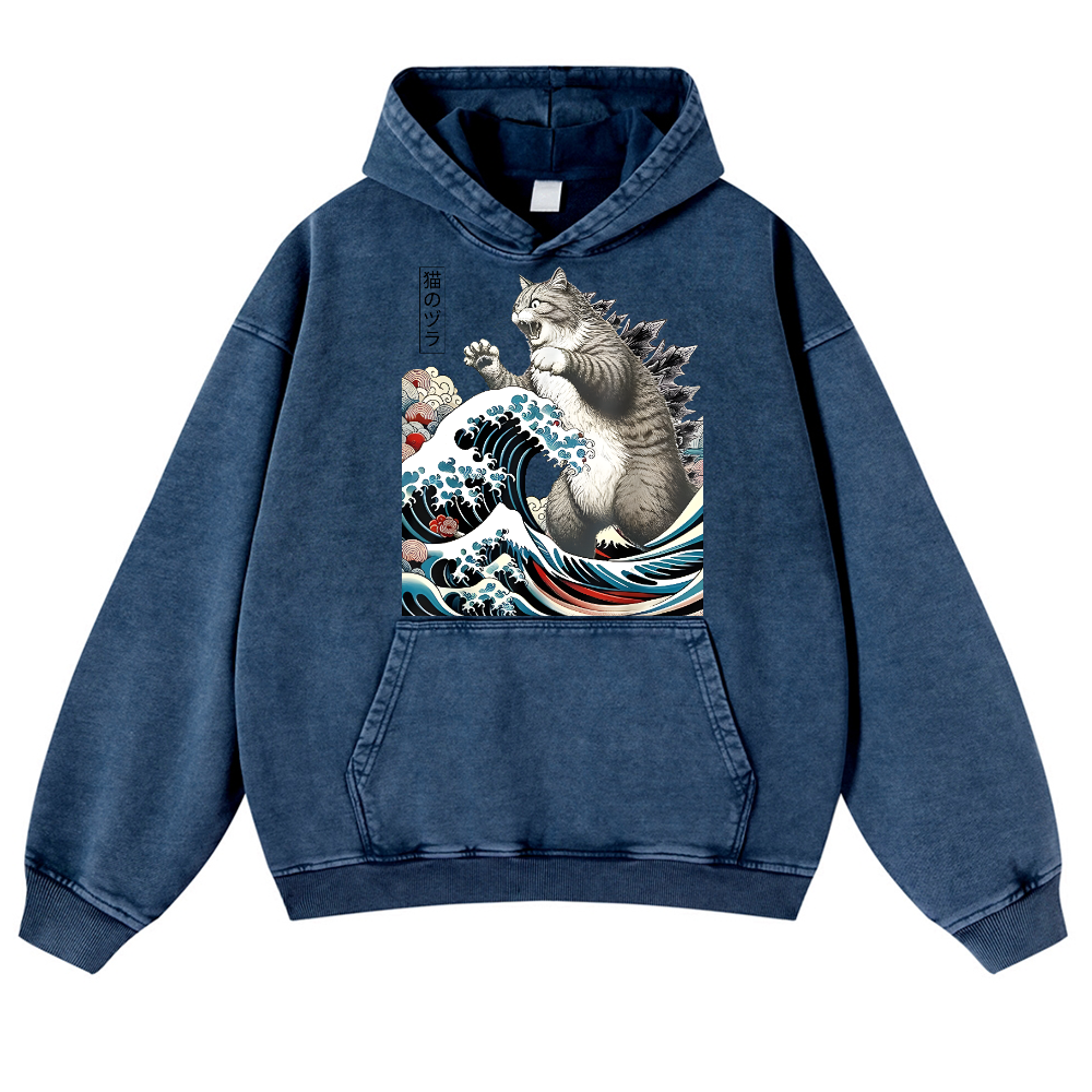 Cat Kaiju Catzilla Ukiyoe Great Wave Vintage Washed Thick Cotton Hoodie