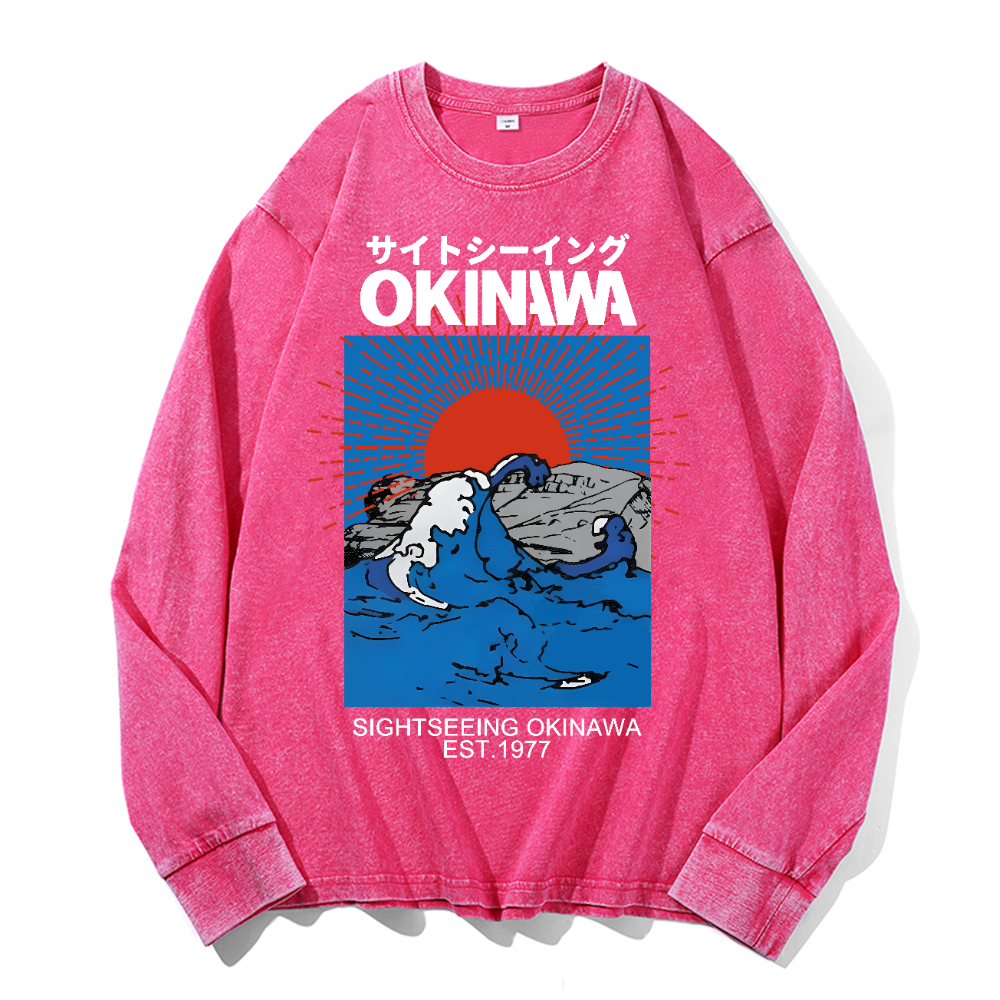 Okinawa Wave Vintage Cotton Wash Crewneck Long-Sleeve T-Shirt