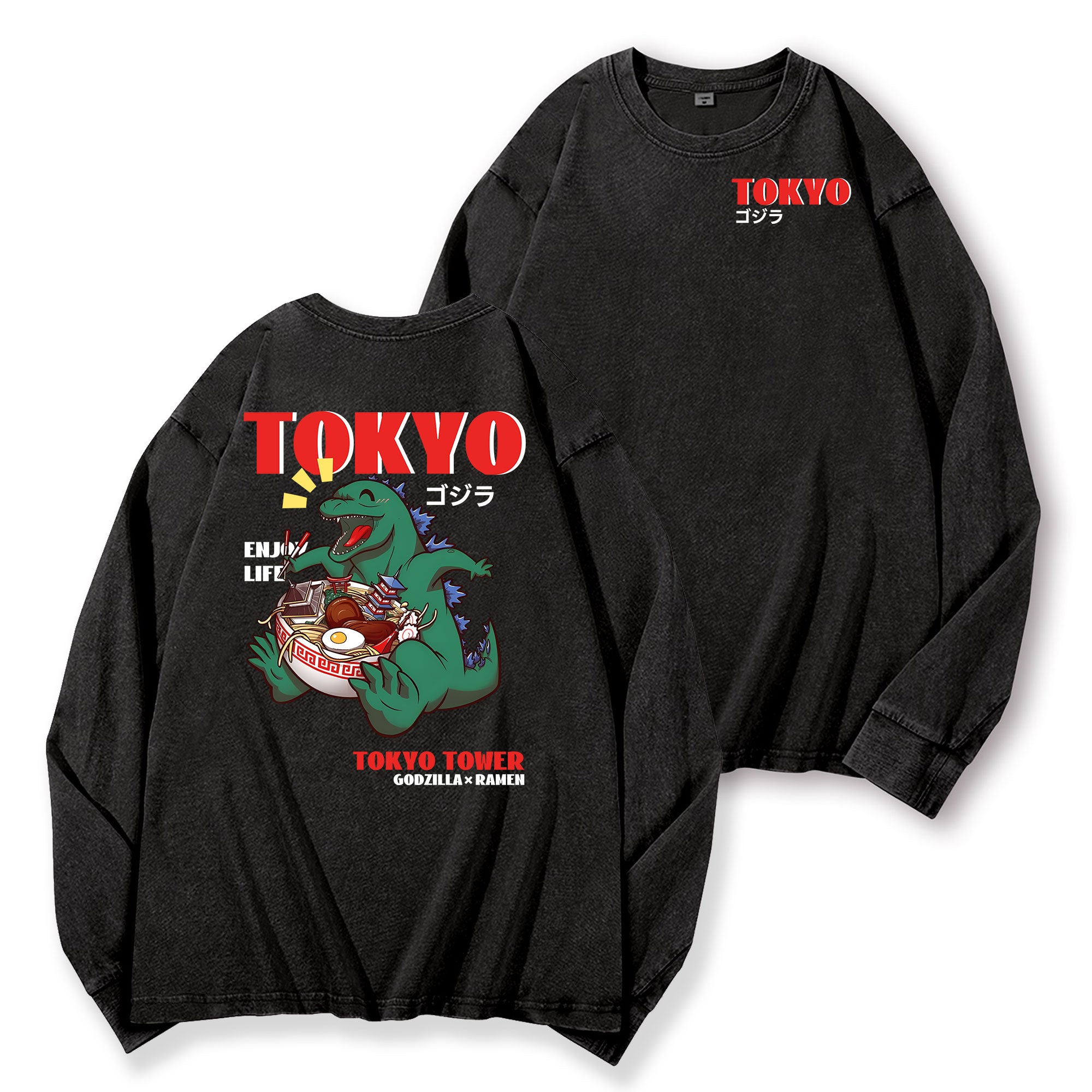 Ramen Kaiju Vintage Washed Cotton Back Art Long-sleeve T-shirt