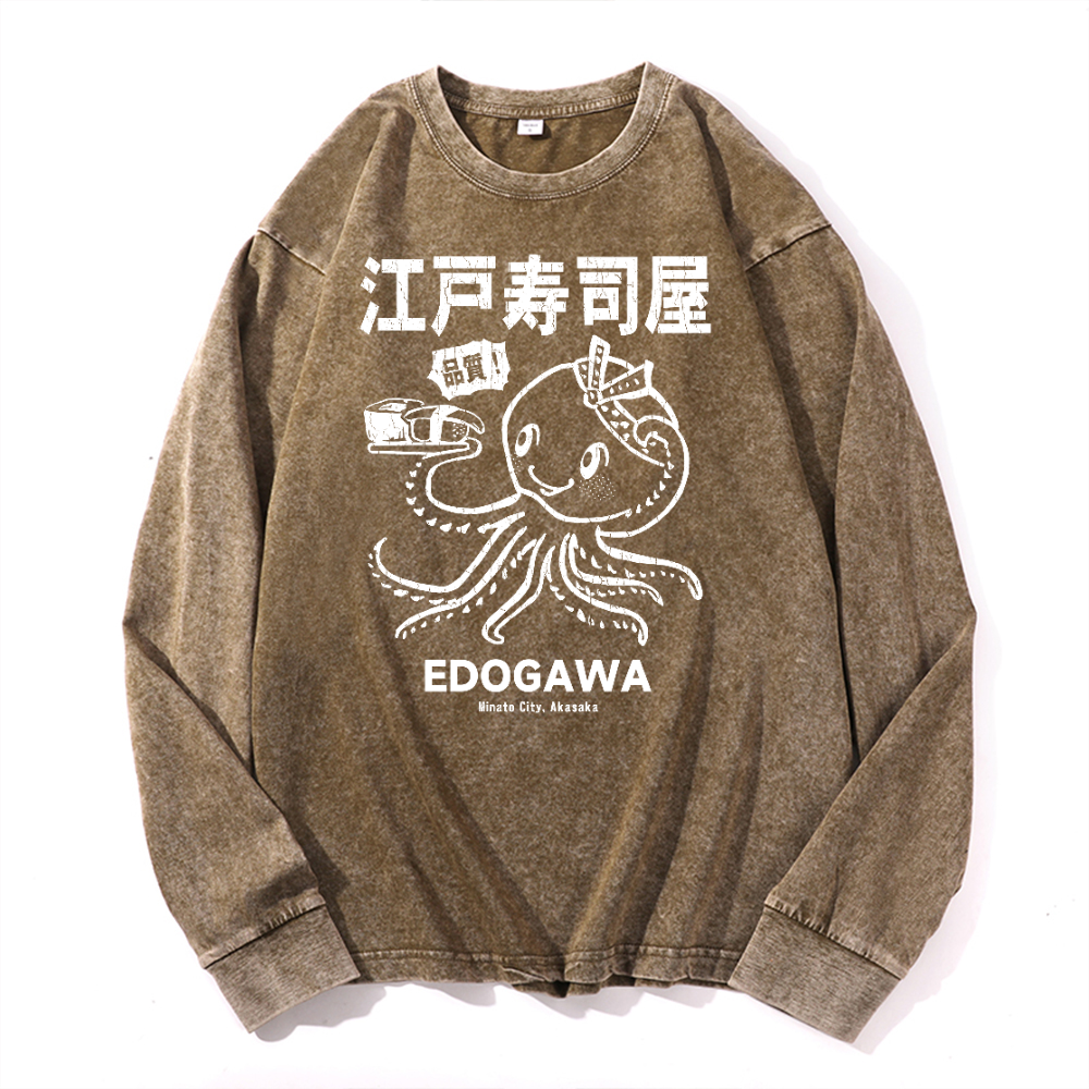 Edogawa Octopus Vintage Cotton Wash Crewneck Long-Sleeve T-Shirt