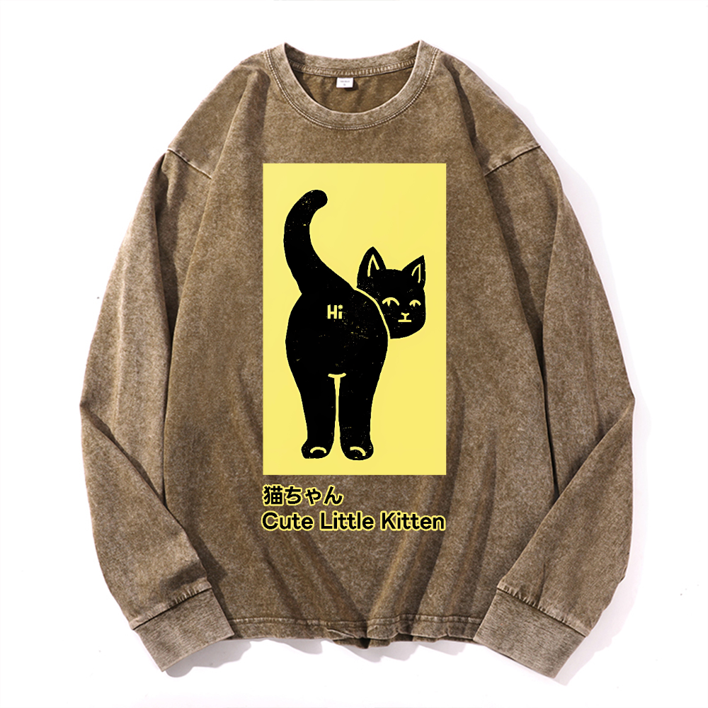 Cute Little Kitten Black Cat Vintage Cotton Wash Crewneck Long-Sleeve T-Shirt