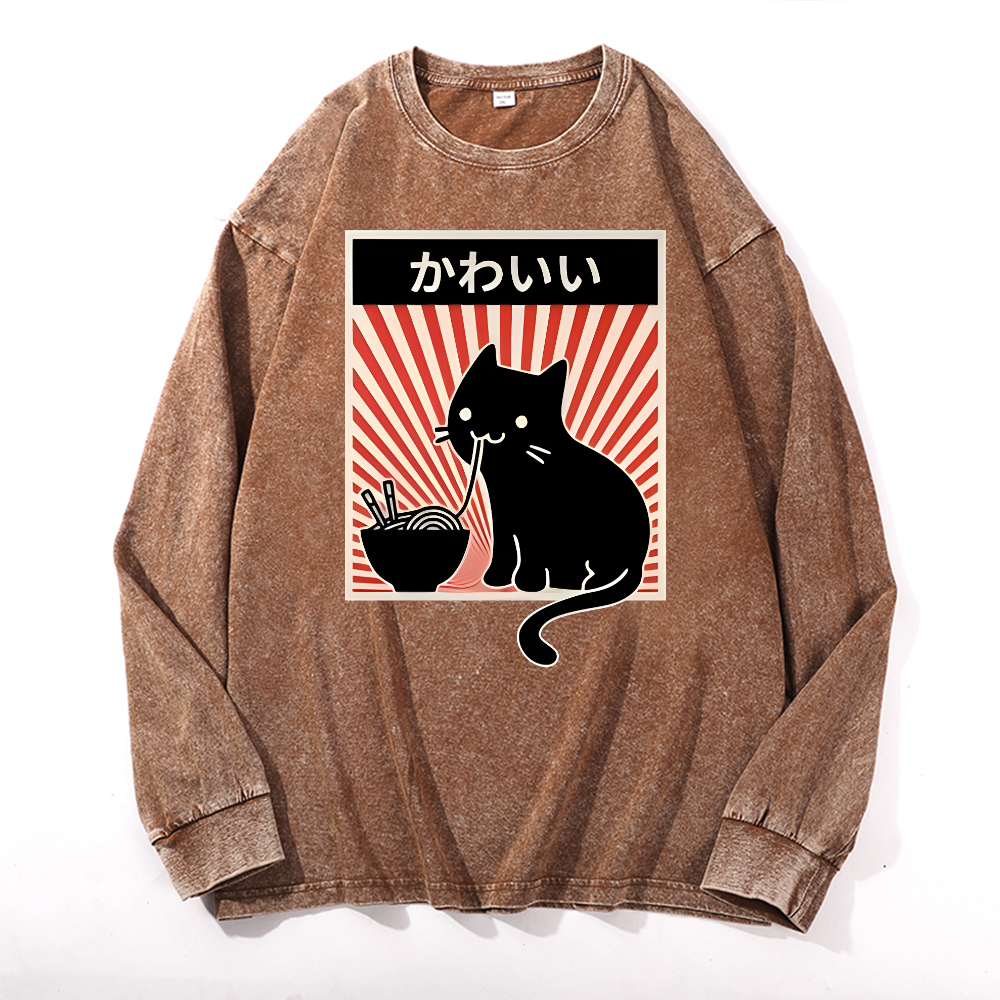Cat Vintage Cotton Wash Crewneck Long-Sleeve T-Shirt