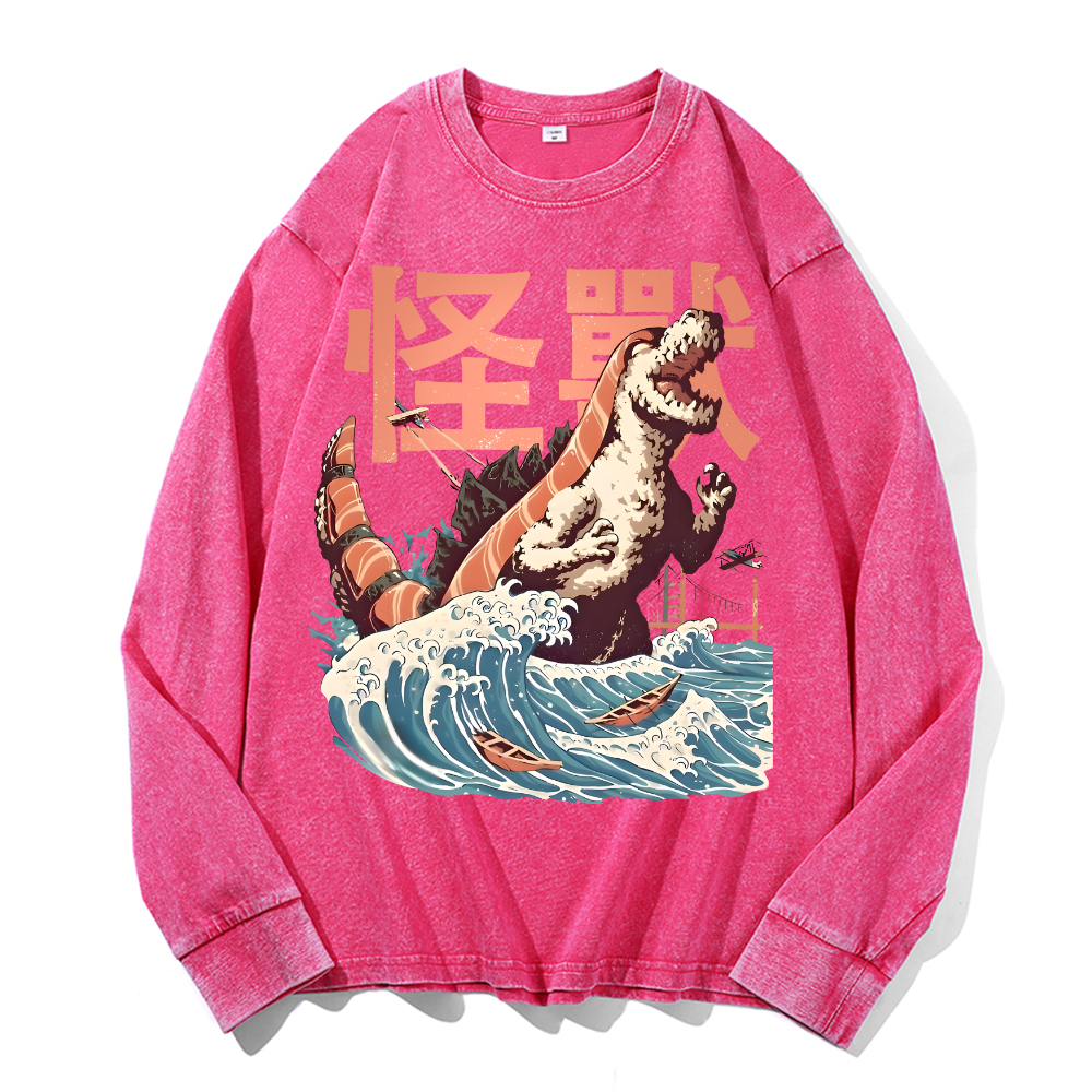 Kaiju Sushi Monster Wave Vintage Cotton Wash Crewneck Long-Sleeve T-Shirt