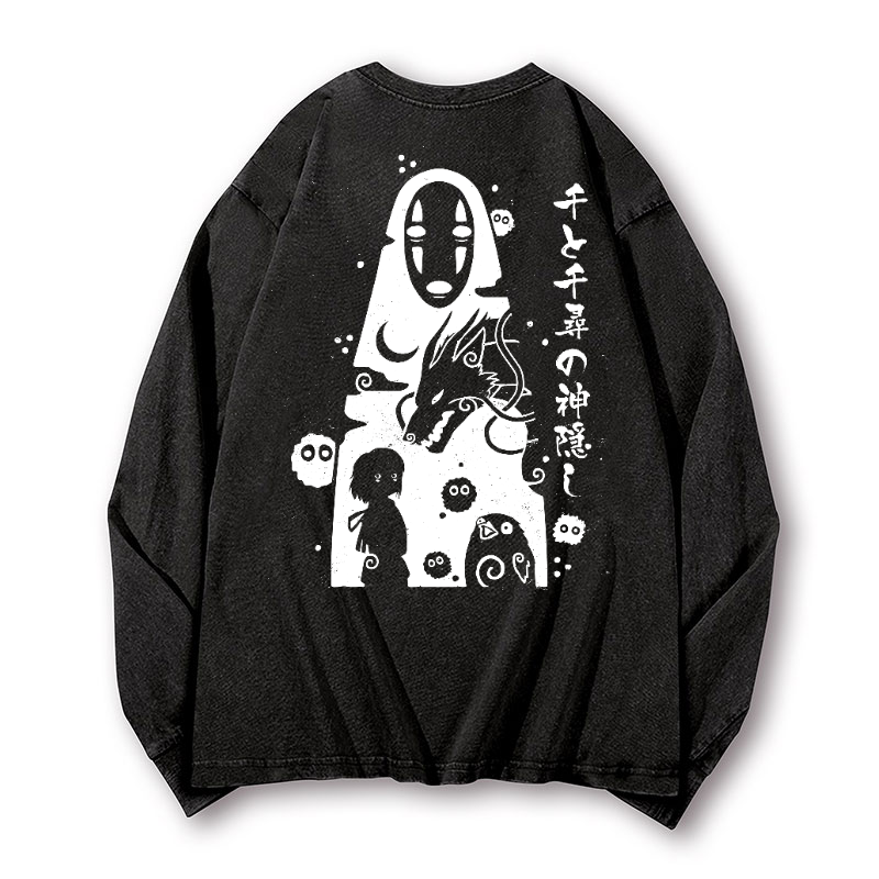 Ghibli No Face Kaonashi Vintage Washed Cotton Back Art Long-sleeve T-shirt