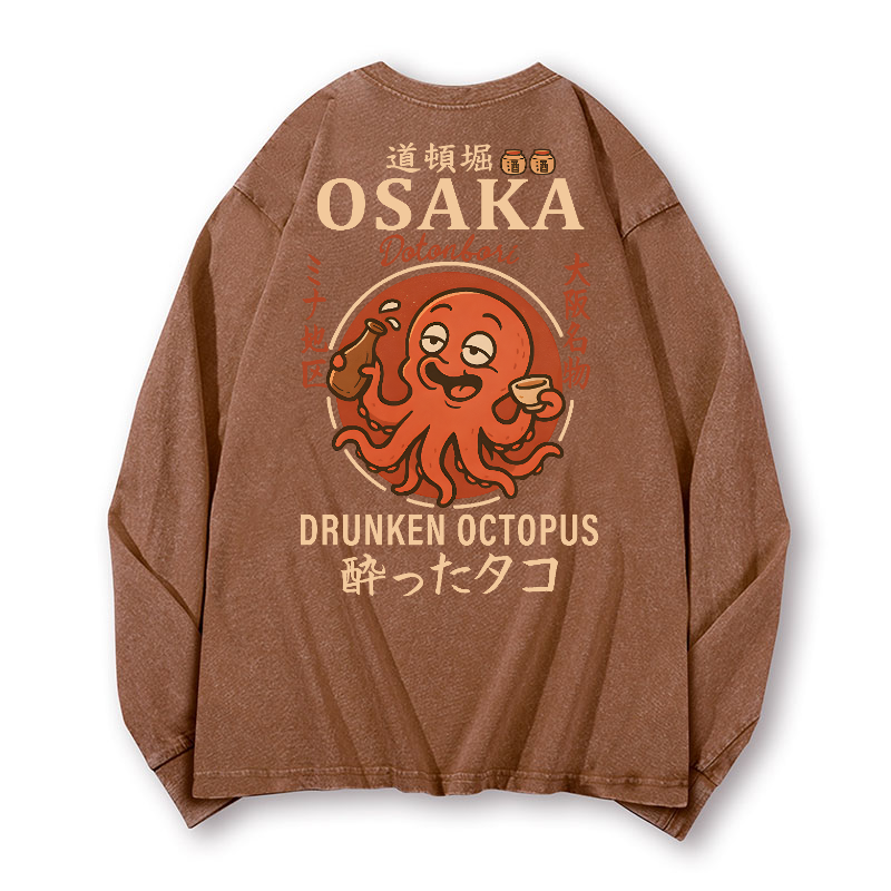 Osaka Dotonbori Drunken Octopus Vintage Washed Cotton Back Art Long-sleeve T-shirt