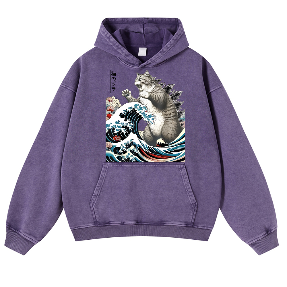 Cat Kaiju Catzilla Ukiyoe Great Wave Vintage Washed Thick Cotton Hoodie