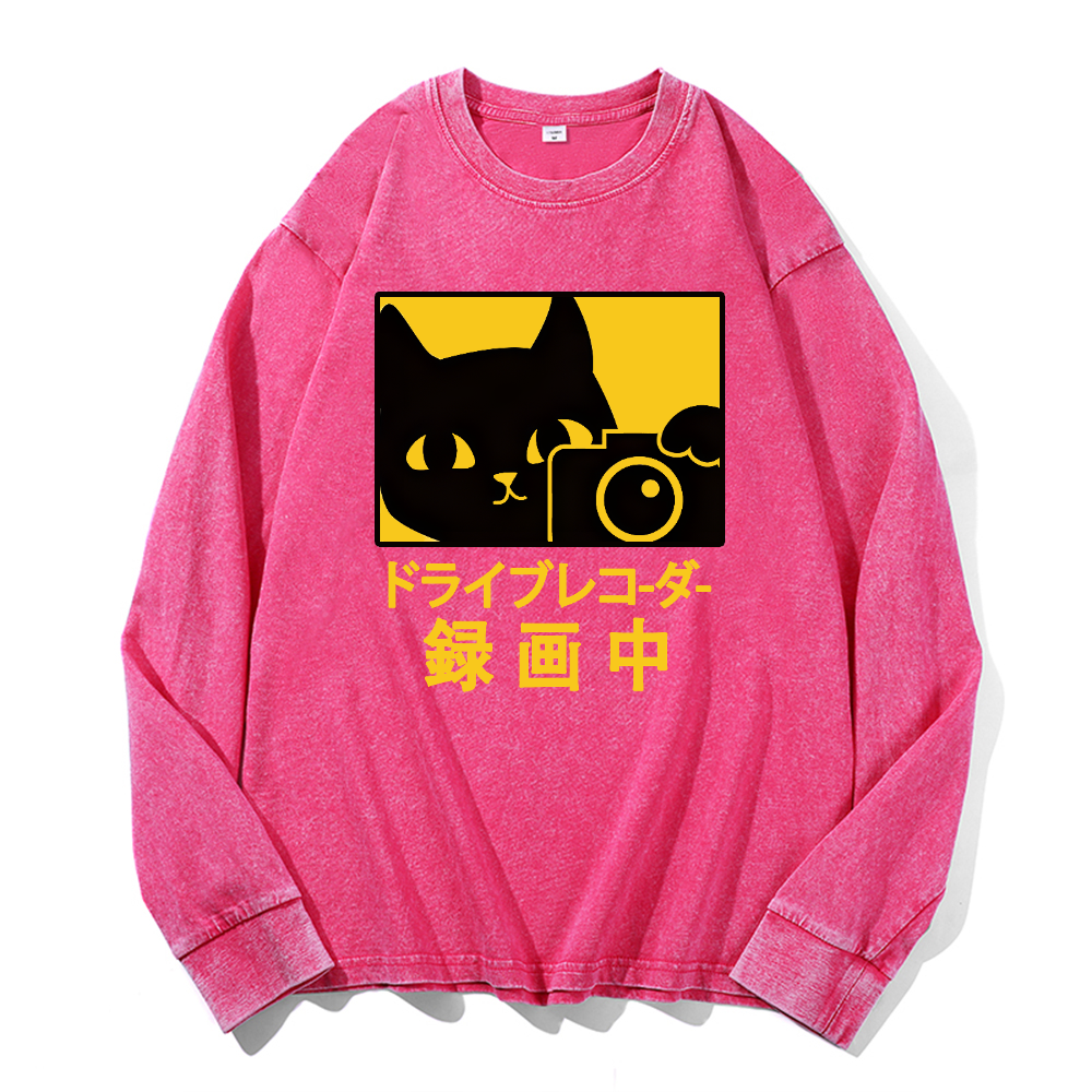 Cat Camera Vintage Cotton Wash Long-sleeve T-shirt
