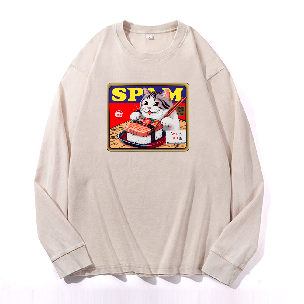 Spam Cat Vintage Cotton Wash Crewneck Long-Sleeve T-Shirt